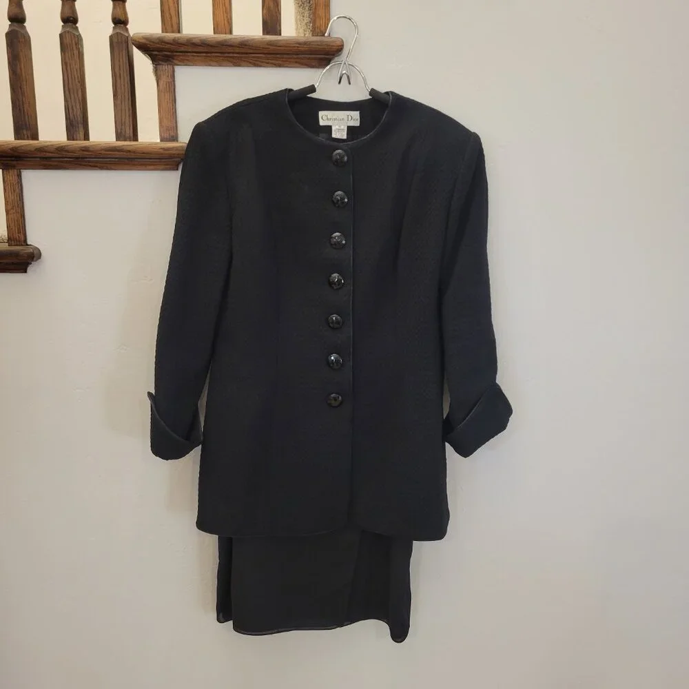 CHRISTIAN DIOR Vintage Womens 1980s The Suit 2pc Black Wool Suit skirt Sz 14